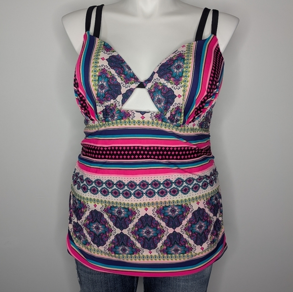 ✨3/$15 Cacique Pink Blue Kaleidoscope Striped V Neck Balconette Bikini Top 40DD